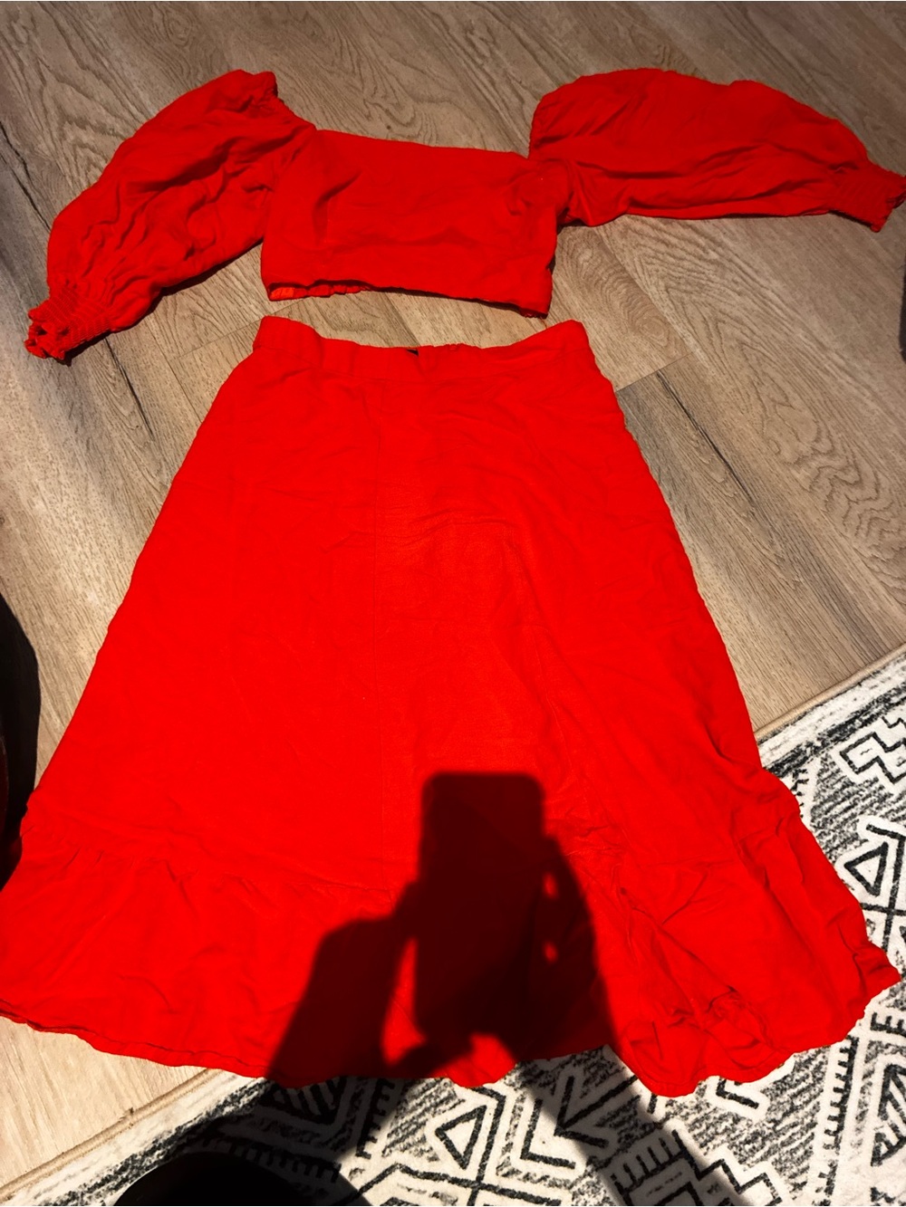 Bright Red Maxi Skirt Set with Ruffle Hem
